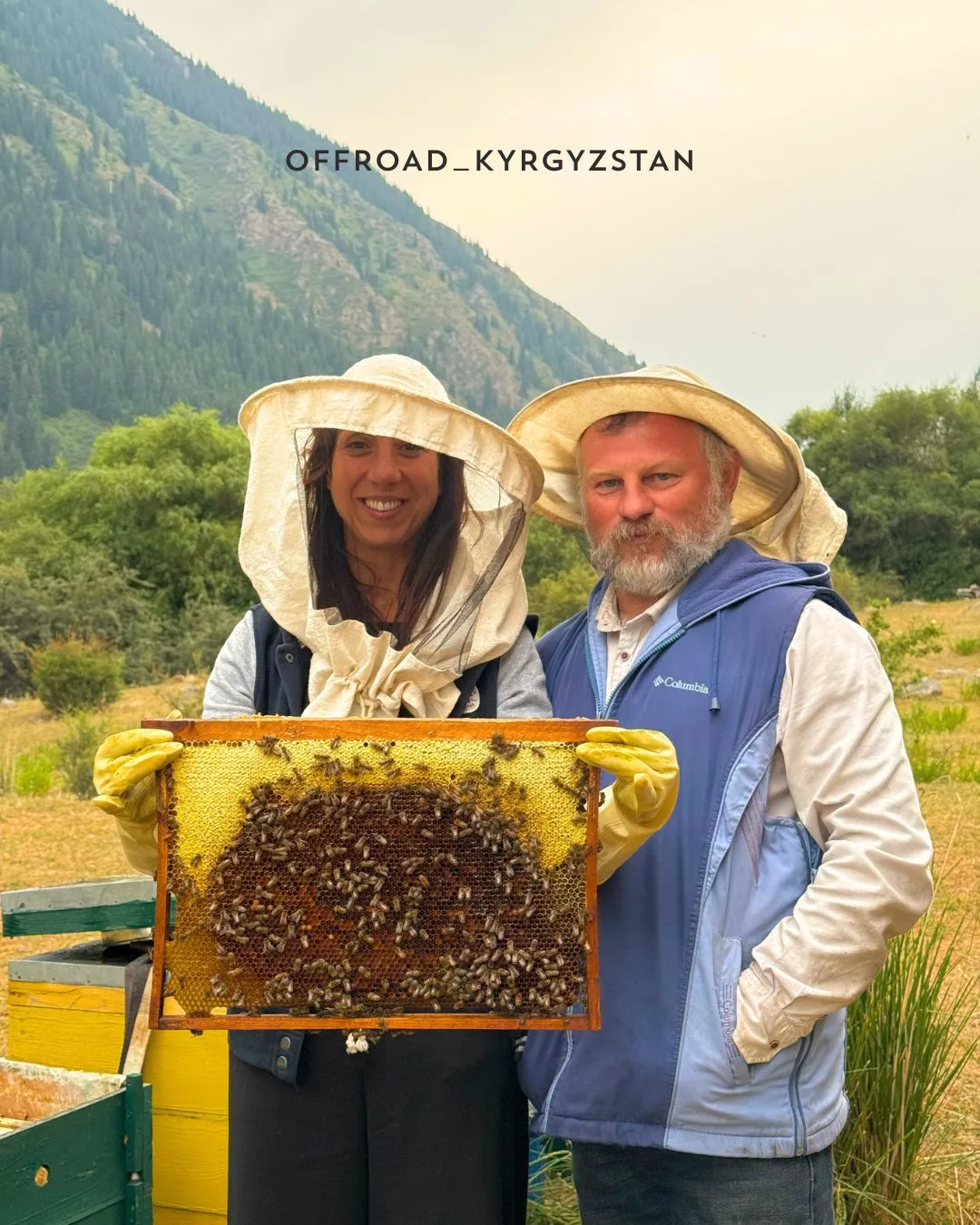 European tourist holding a honeycomb frame with bees and a local beekeeper in the mountains of Kyrgyzstan