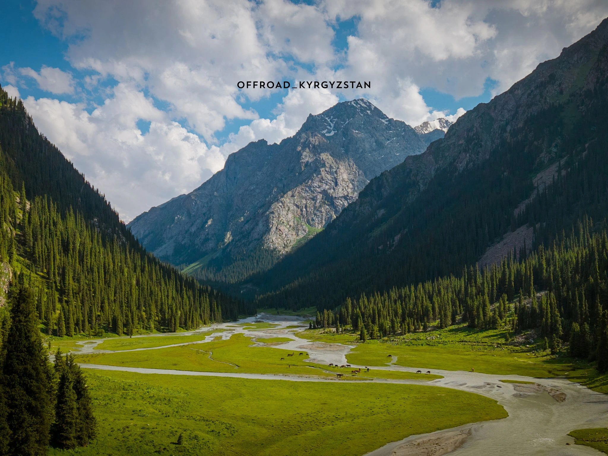 Lush green landscapes of the Karakol Valley, a popular trekking destination in the Tian Shan mountains